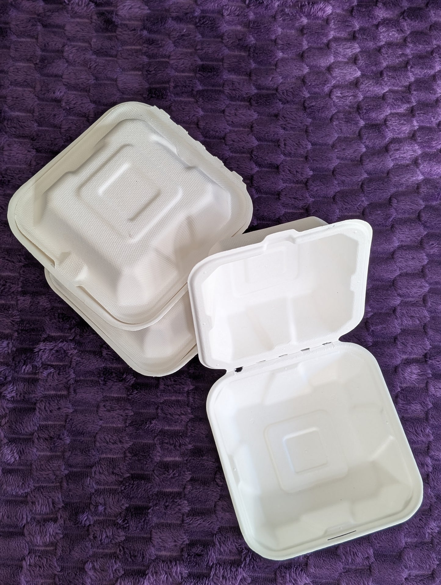 Karmic Clamshells – Compostable Sugarcane Takeout Containers 6" x 6" x 3"