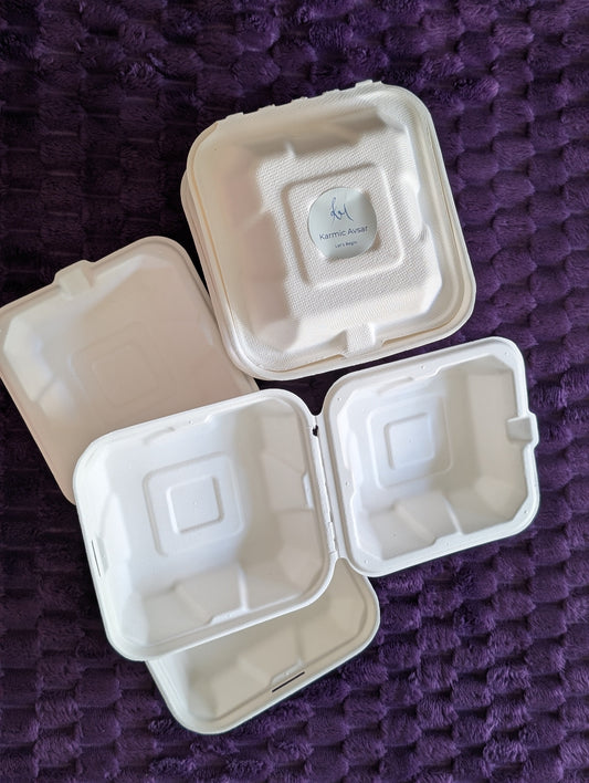 Karmic Clamshells – Compostable Sugarcane Takeout Containers 6" x 6" x 3"