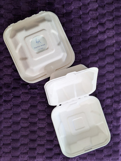 Karmic Clamshells – Compostable Sugarcane Takeout Containers 6" x 6" x 3"