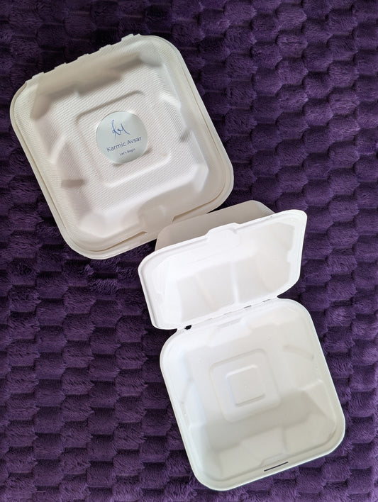 Karmic Clamshells – Compostable Sugarcane Takeout Containers 6" x 6" x 3"