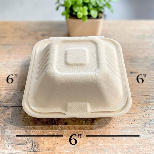 Karmic Clamshells - Bagasse Takeout Containers 6" x 6" x 3"