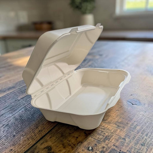 Karmic Clamshells - Bagasse Takeout Containers 9" x 6" x 3"