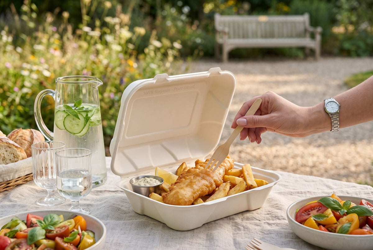Karmic Clamshells - Bagasse Takeout Containers 9" x 6" x 3"